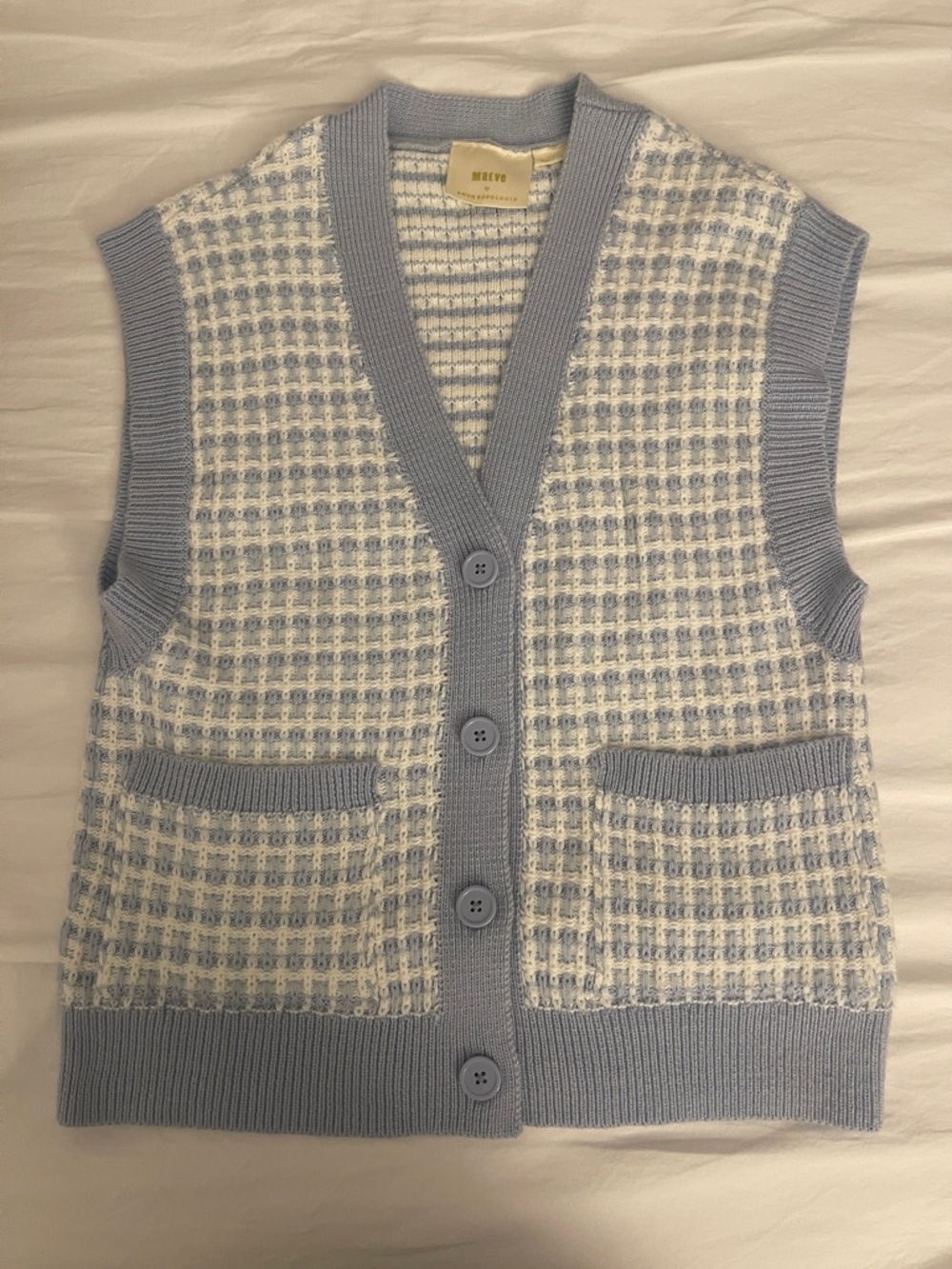 Anthropologie Light Blue and White Knit Button Vest - Maeve